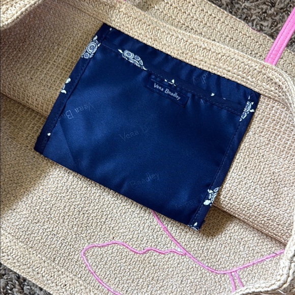 Vera Bradley Ratan Tan Tote Bag with Nautical Turtle Pink Navy Charm; NWOT - Picture 5 of 8